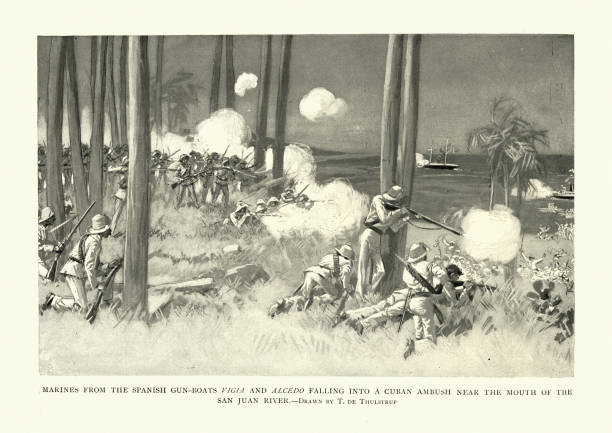 Vintage engraving of a scene from the Cuban War of Independence, Marines from the Spanish gun-boats Vigia and Alcedo falling into a cuban ambush near the mouth of the San Juan River, 19th Century