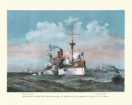 Vintage engraving of USS Maine (ACR-1) was a United States Navy ship that sank in Havana Harbor in February 1898, contributing to the outbreak of the Spanish–American War