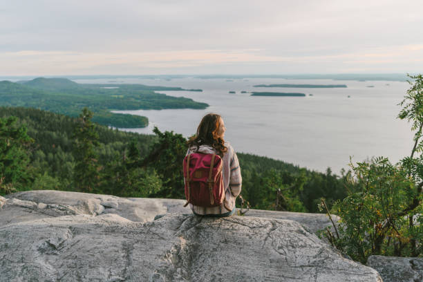 vista panorámica de la mujer mirando al lago en finlandia - finland fotografías e imágenes de stock