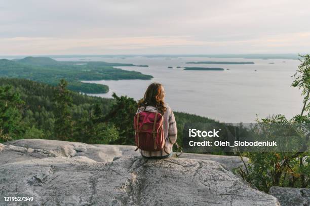 Scenic View Of Woman Looking At Lake In Finland Stock Photo - Download Image Now - Finland, Nature, Travel