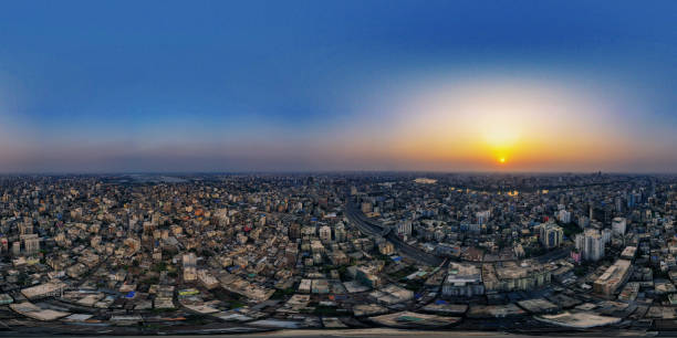 360° Aerial Dhaka Cityscape Sunset Time Beautiful sunset time 360° Aerial photo of Dhaka city in Bangladesh 360 degree view photos stock pictures, royalty-free photos & images