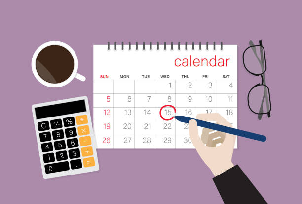 Businessman choose a date on a calendar Time, Office hour, Holiday, Time management, Desk, Number, Month, Meeting, Calendar, Eyeglasses, Coffee cup tax designs stock illustrations