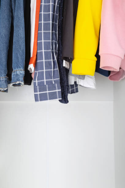 istock Various women's clothes hang in white closet 1219530000