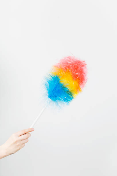 istock Woman's hand holds brush to clean dust on grey background 1219530293
