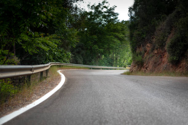 Horizontal color image with a front view of a curved road in the forest with white lines