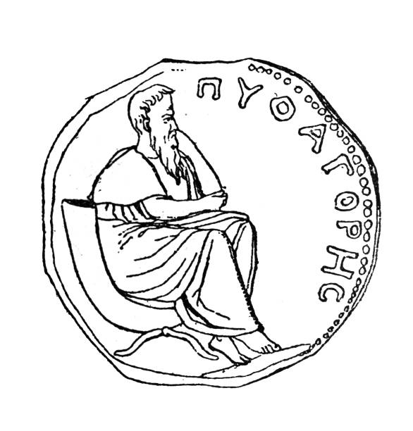 Pythagoras, image on an antique coin in the old book Xenophon, by K. Gibel, 1899, St. Petersburg Pythagoras, image on an antique coin in the old book Xenophon, by K. Gibel, 1899, St. Petersburg pythagoras stock illustrations