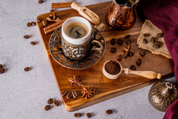 istock Traditional arabic coffee turkish style on a white background 1219543438