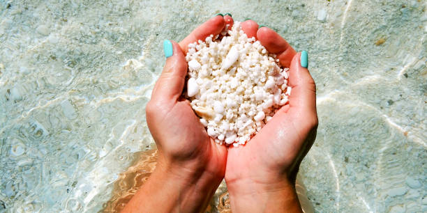 Little pebbles in girl`s hands on the beach
