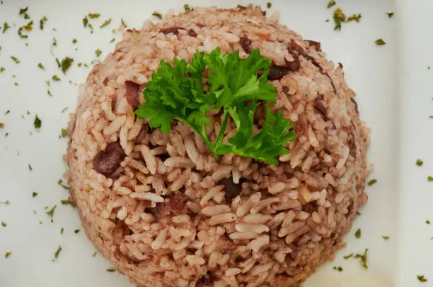 Pile of gallo pinto rice with parsley on plate close up view