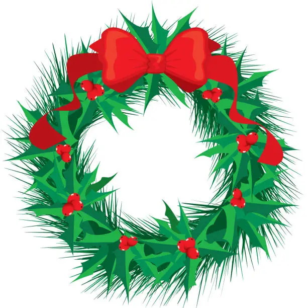 Vector illustration of Holly Wreath with Red Bow