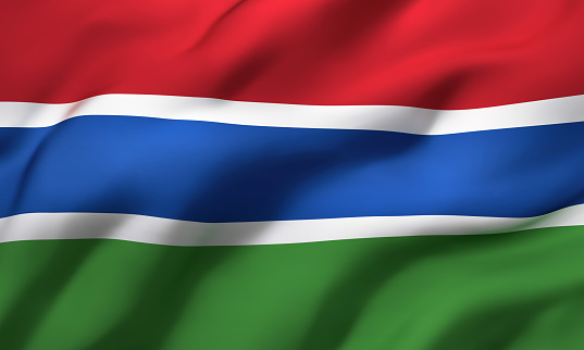 Flag of Gambia blowing in the wind. Full page Gambian flying flag. 3D illustration.