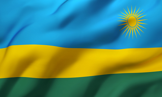Flag of Rwanda blowing in the wind. Full page Rwandan flying flag. 3D illustration.