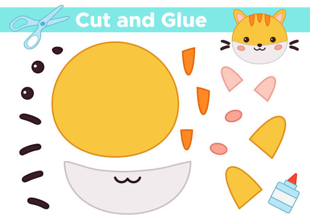 Cute and glue cute kawaii cat. Educational creative paper game for preschool children. Create the image. craft kit stock illustrations