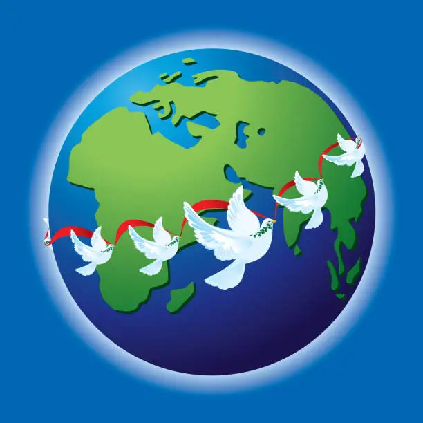 Vector illustration of White peace doves with olive branches circling the earth