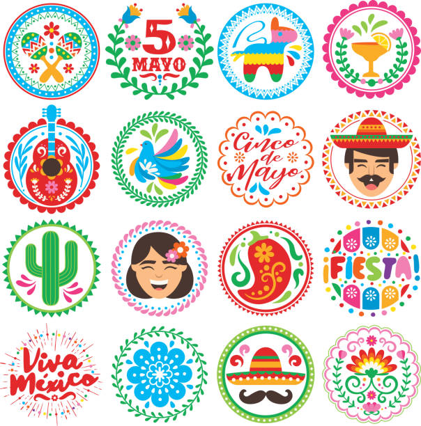 Set of 16 Mexican icons in circles for the Cinco de Mayo holiday. Vector circle seals and icon designs on Mexican culture.