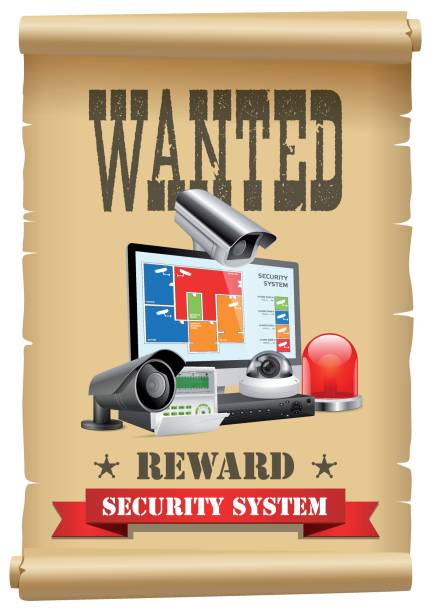 ilustrações, clipart, desenhos animados e ícones de conceito de segurança procurado - câmera de cctv e dvr como sistema de proteção moderno - 
cartaz de mandado de prisão com dispositivos de segurança - wanted poster audio