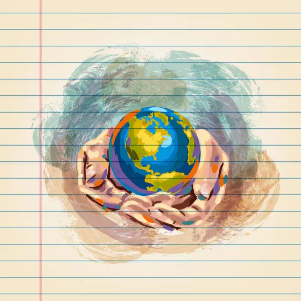 Vector illustration of Globe in Hands Drawing on Ruled Paper