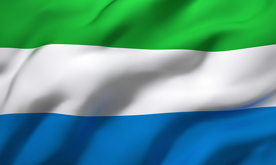 Flag of Sierra Leone blowing in the wind. Full page Sierra Leonean flying flag. 3D illustration.