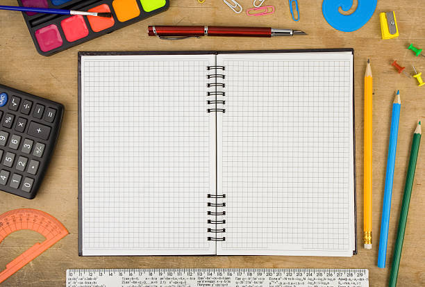 istock school accessories and checked notebook on wood 121955051