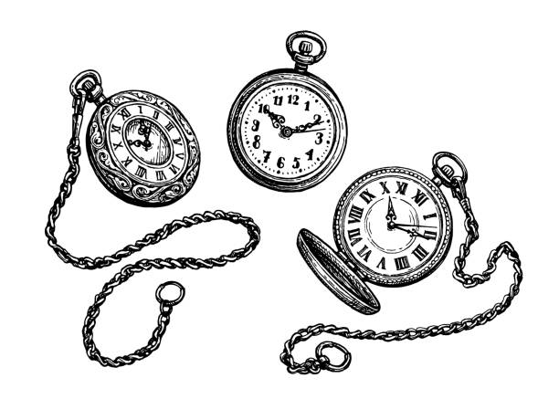 Pocket watch set. Pocket watch set. Ink sketch isolated on white background. Hand drawn vector illustration. Retro style. clock illustrations stock illustrations