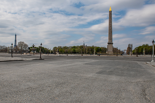 Paris, France march 22th 2020 : Place de la Concorde, (Concorde square) empty during the period of containment measures due to the Covid-19 Coronavirus virus.