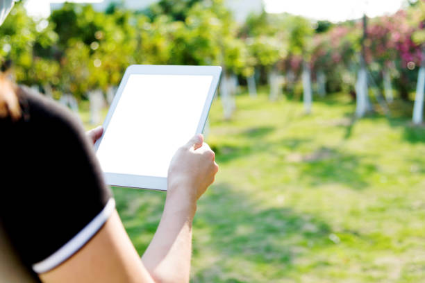 Woman hand using a digital tablet outdoors.