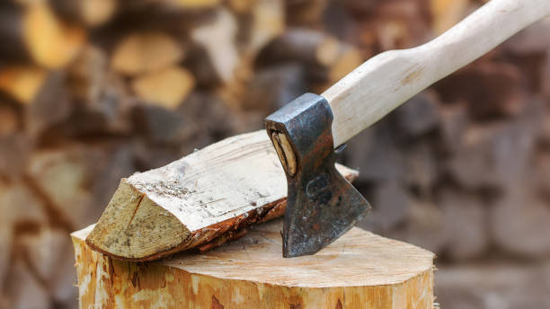 istock axe in wooden log in village 1219556205