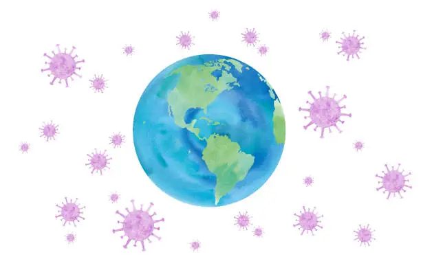 Vector illustration of Earth image surrounded by coronavirus: Americas, Pacific Ocean, Atlantic Ocean, USA, Canada, Brazil, Peru. Watercolor illustration trace vector