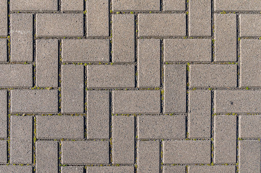 Concrete paving stones in grey during warm sunlight laid out in regular pattern