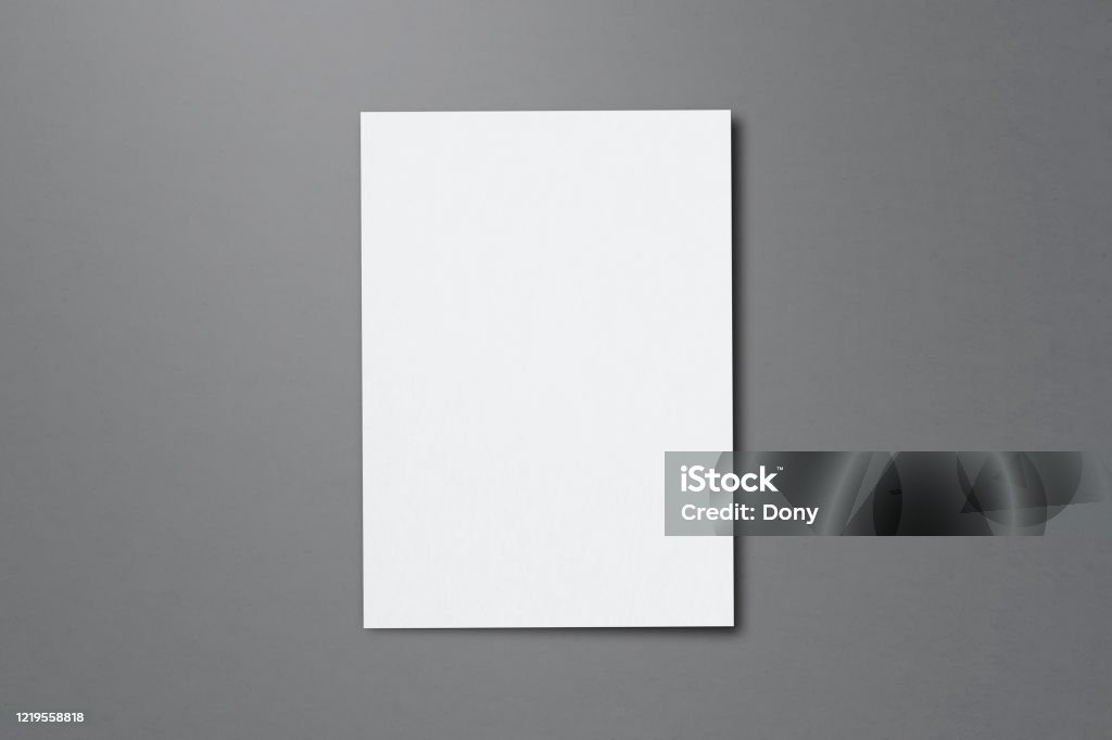 Blank paper sheets for brochure on grey background, top view. Mock up Template Stock Photo