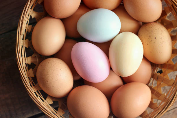 istock Eggs in a basket on a wooden background. Eggs in a basket. Eggs close up. Colored eggs 1219559857