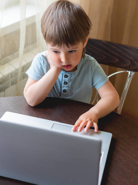istock Curious toddler boy explores the laptop and presses buttons on computer keyboard. 1219563024