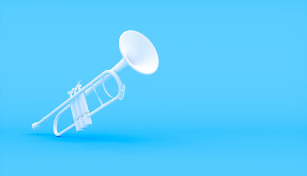 파란색 배경에 흰색 트럼펫 - jazz music trumpet valve 뉴스 사진 이미지