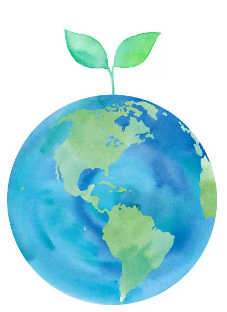 Vector illustration of Eco-image of the Earth: Americas, Pacific Ocean, Atlantic Ocean, USA, Canada, Brazil, Peru. Watercolor illustration trace vector.