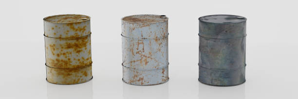 barile d'olio con tamburo d'olio arrugginito e che perde. isolato su sfondo bianco. rendering 3d - fuel storage tank storage tank oil storage compartment foto e immagini stock