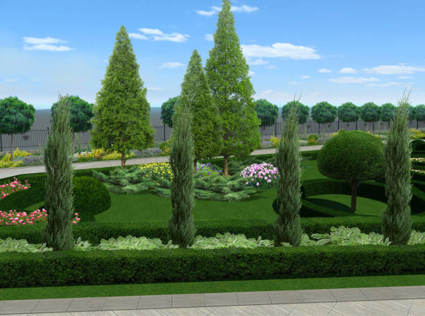 corridoio giardino nodo stile classico, rendering 3d - boulevard mansion road grounds foto e immagini stock