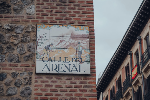 Madrid, Spain - January 26, 2020: Street name sign on Arenal Street (\