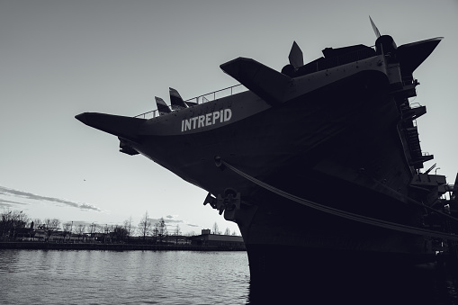 The USS Intrepid Museum docked in the Hudson River during the Coronavirus Lockdown in NYC. (New York, New York 2020).