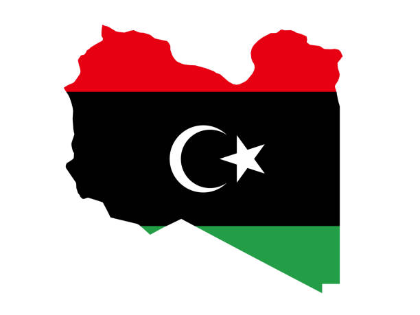 ilustraciones, imágenes clip art, dibujos animados e iconos de stock de mapa de libia con bandera - libyan flag