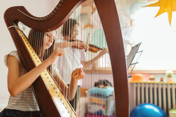 niño y niña tocando música en casa - violin family fotografías e imágenes de stock