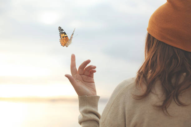 spring time, a butterfly leans delicately on a woman's hand stock photo