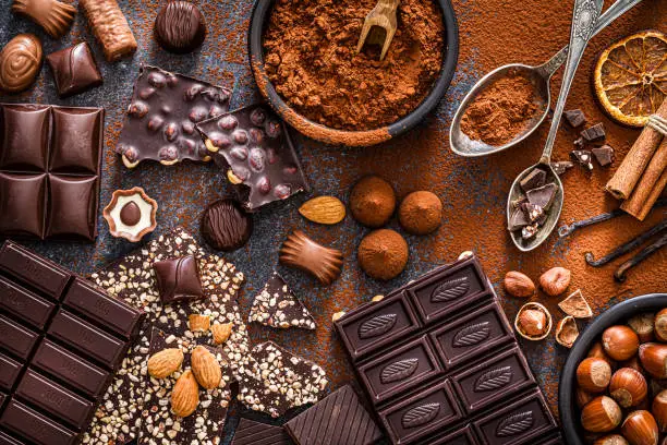 Assortment of chocolate bars and cocoa powder shot from above. Hazelnuts, almonds, dried orange slices, cinnamon sticks and vanilla beans complete the composition. Predominant color is brown. DSRL studio photo taken with Canon EOS 5D Mk II and Canon EF 100mm f/2.8L Macro IS USM.