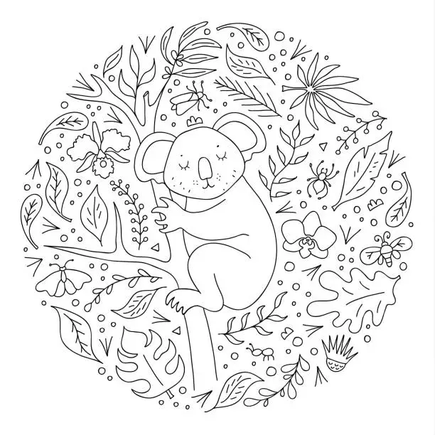 Vector illustration of Round frame with koala, trees, leaves and flowers in a linear style. Vector.
