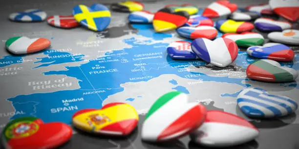 Map of Europe  and hearts with flags of european countries. Travel  and tourism to European Union EU concept. 3d illustration