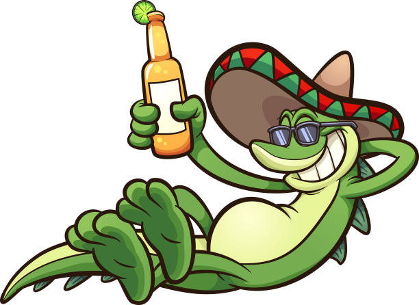 Mexican iguana Mexican iguana holding a beer. Vector clip art illustration with simple gradients. All in a single layer. iguana stock illustrations