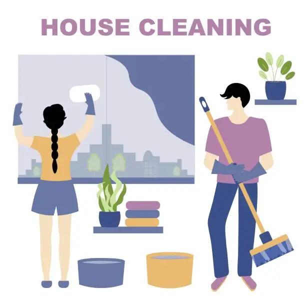 Vector illustration of Quarantine, stay at home concept - people sitting at their home, Woman and man clean up their house