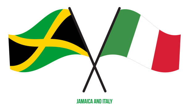 bildbanksillustrationer, clip art samt tecknat material och ikoner med jamaica och italien flaggor korsade och viftande platt stil. officiell andel. rätt färger - welcome to jamaica