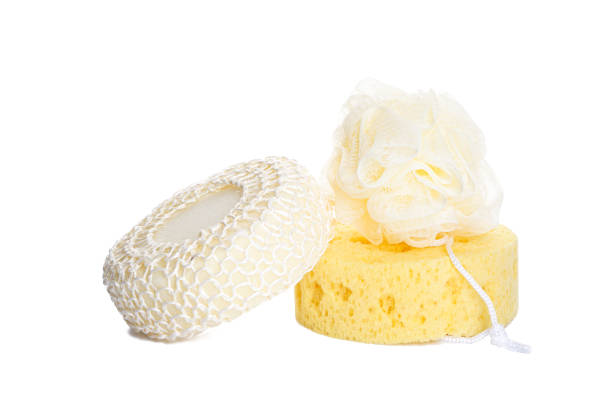 Bath sponge set isolated on a white background. Bath accessories. Hygiene products. stock photo