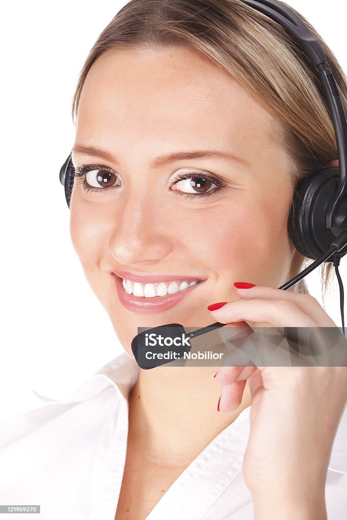 Sorridente allegro supporto operatore telefonico in cuffia - Foto stock royalty-free di Adulto