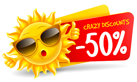 Cheerful sun character in sunglasses announce crazy summer sale and discounts. Showing thumbs up, in front of sale banner, isolated on white. Bright cartoon element for advertising design. Vector.